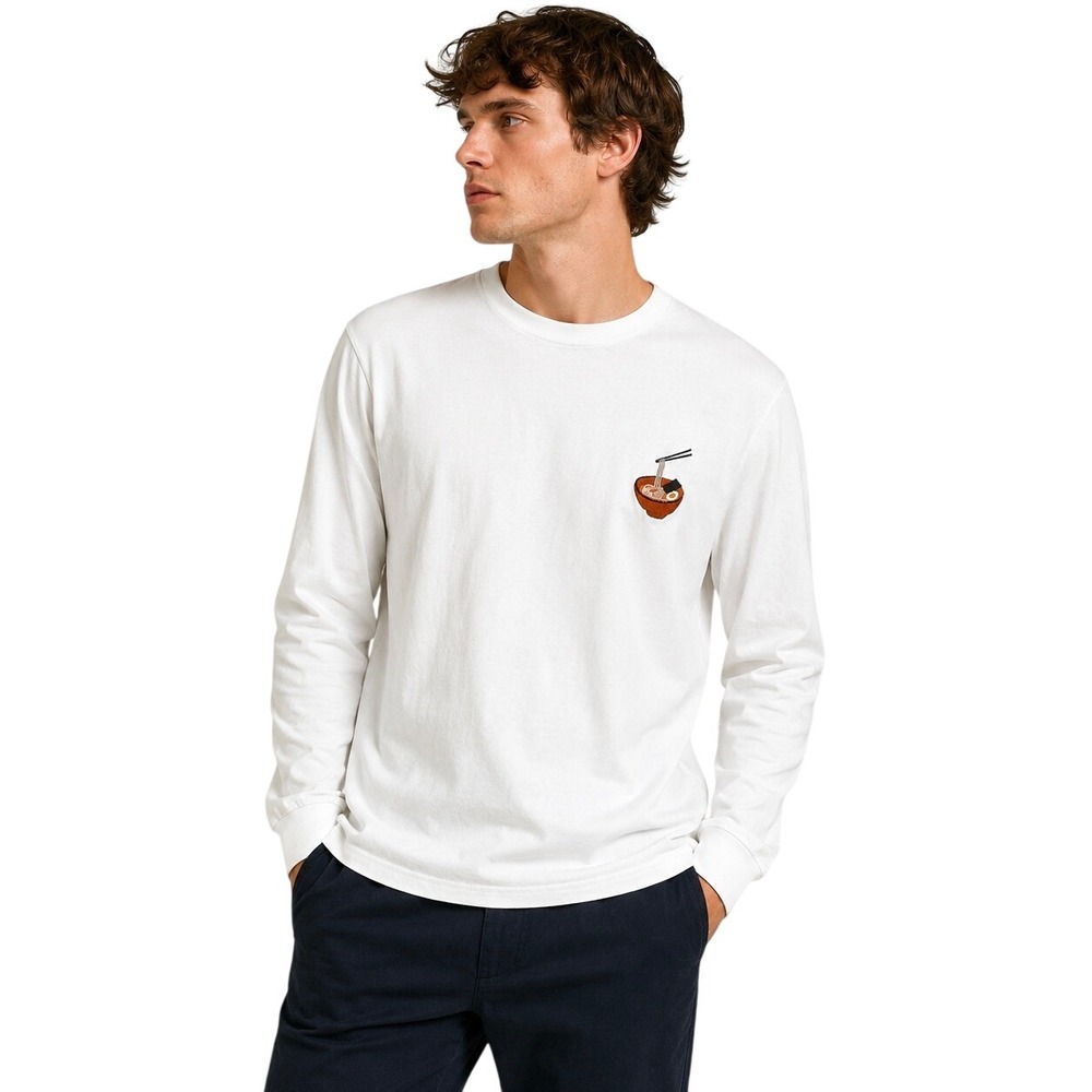 Percival XL White Organic Cotton Long Sleeve Tee Ramen Bowl Embroidered